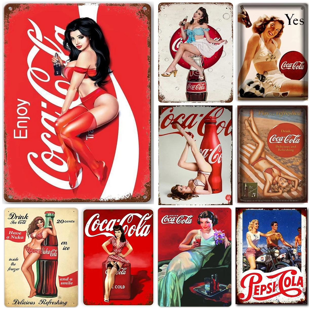 Kitchen Appliances Vintage - Retro-Blechschild „Vintage Soda & Pin-Up“, Old-School-Werbung